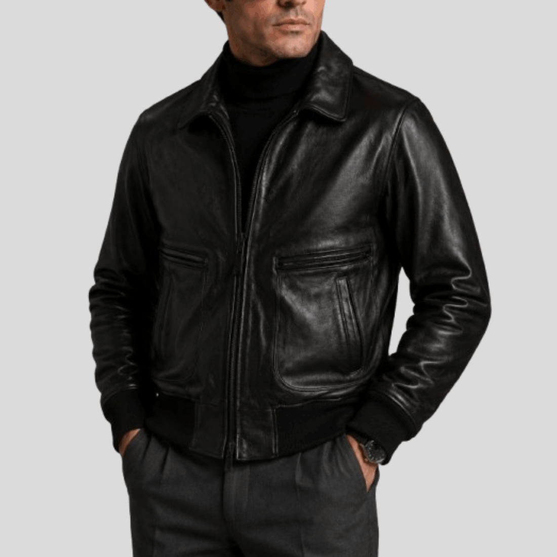 Men's Vintage Sheepskin Leather Flight Bomber Jacket - Black
