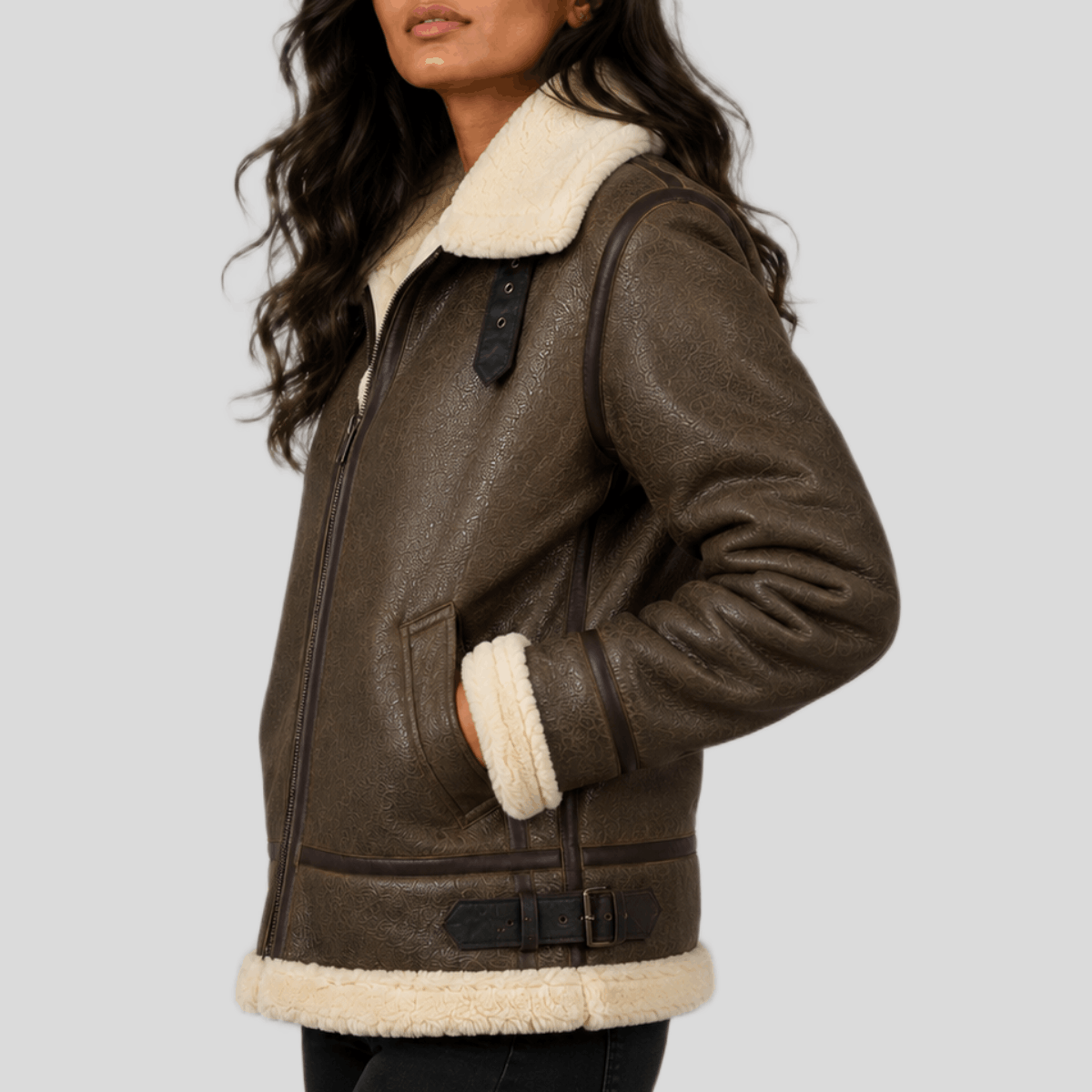 Women's Shearling Leather Bomber Jacket with Removable Fur Hood