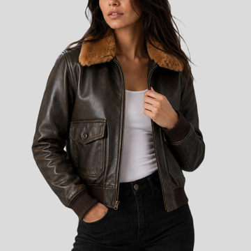 Women's Vintage Sheepskin Leather Bomber Jacket with Fur Collar