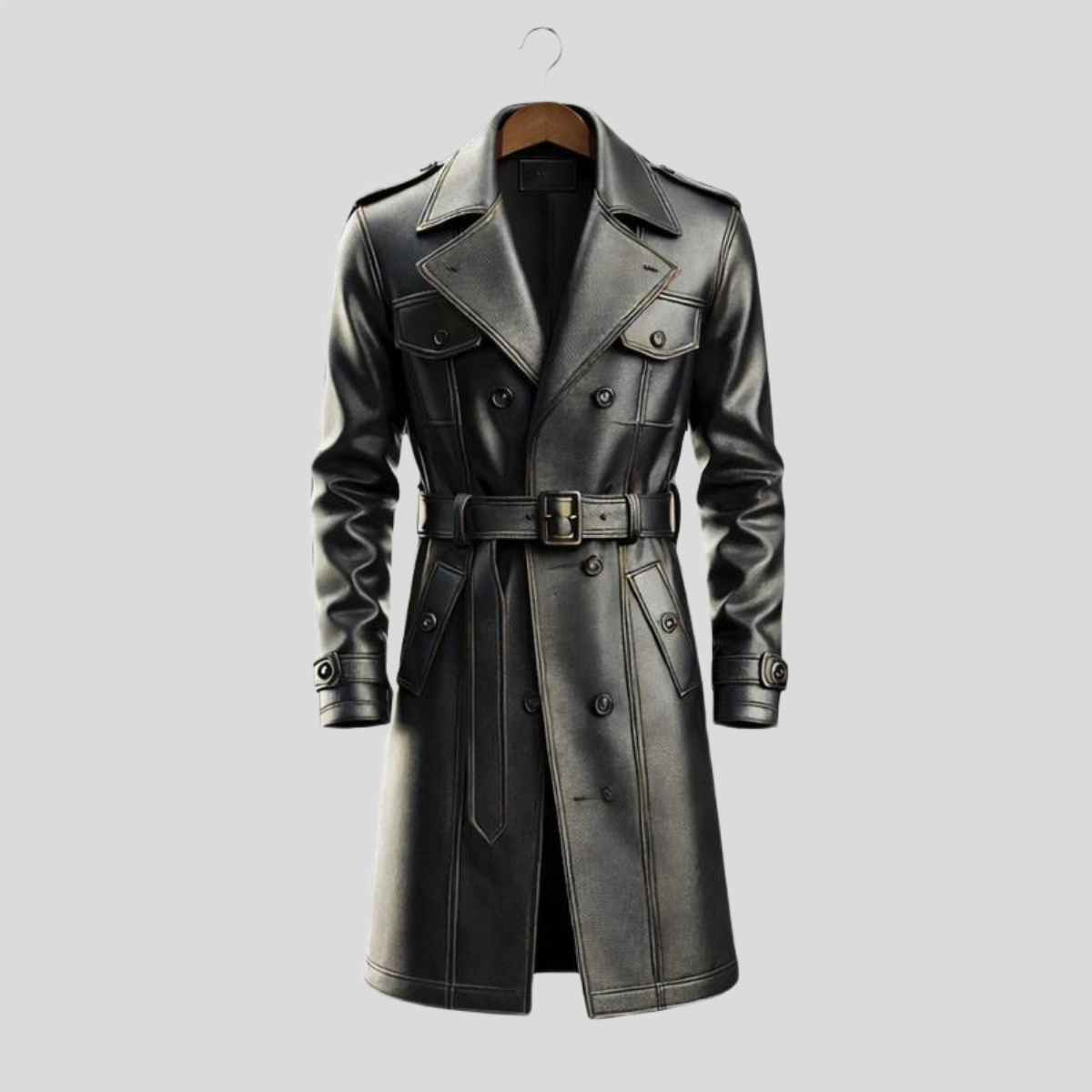 Men's Black Cowhide Leather Trench Overcoat