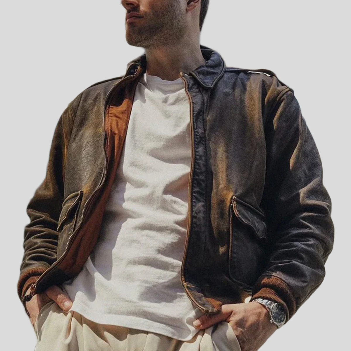Men's Distressed Cowhide Leather Flight Jacket