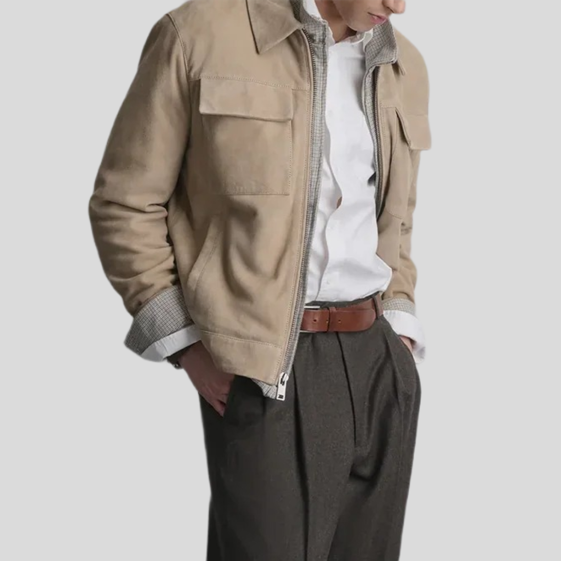 Men's Banks Suede Zip Shirt Jacket - Beige