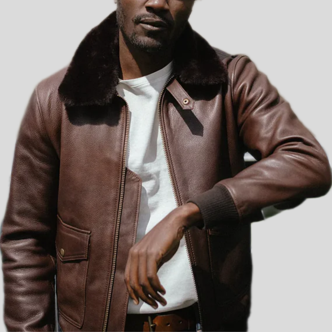 Men's Classic Leather Bomber Jacket - Brown