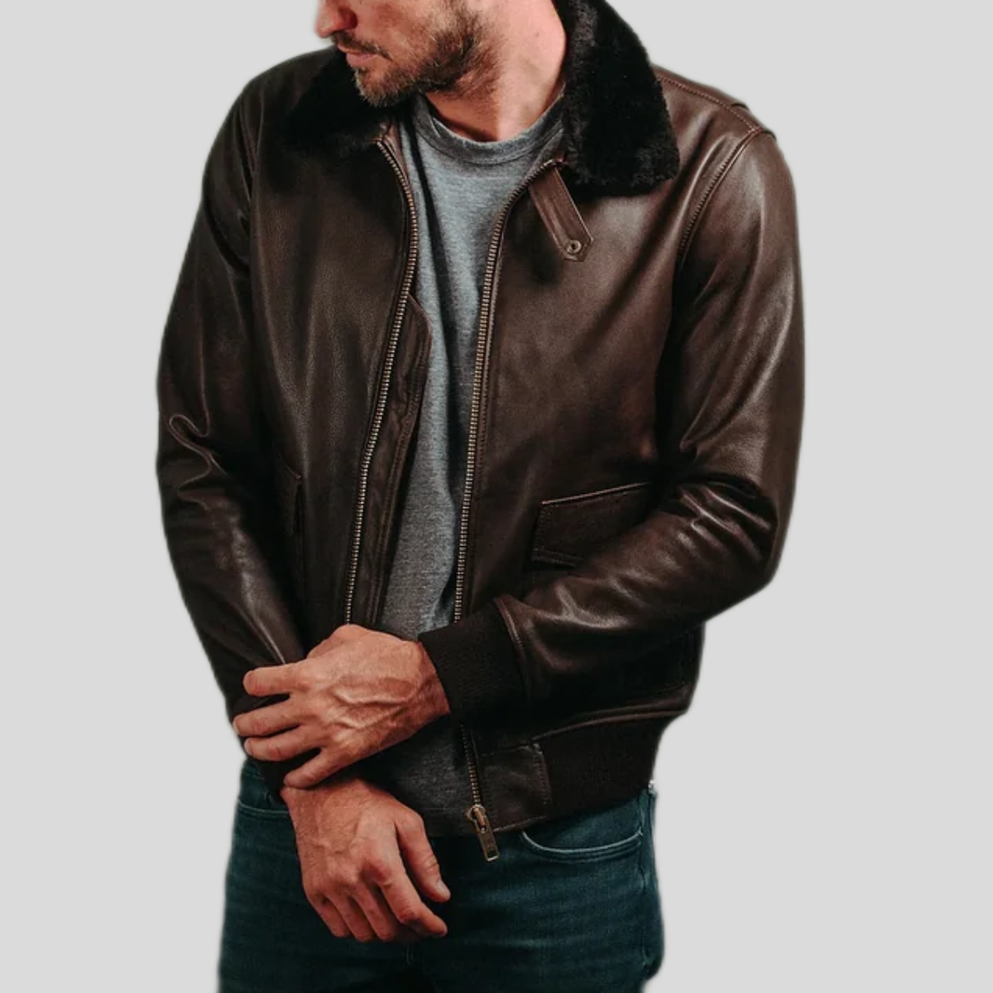 Men's Classic Leather Bomber Jacket - Brown
