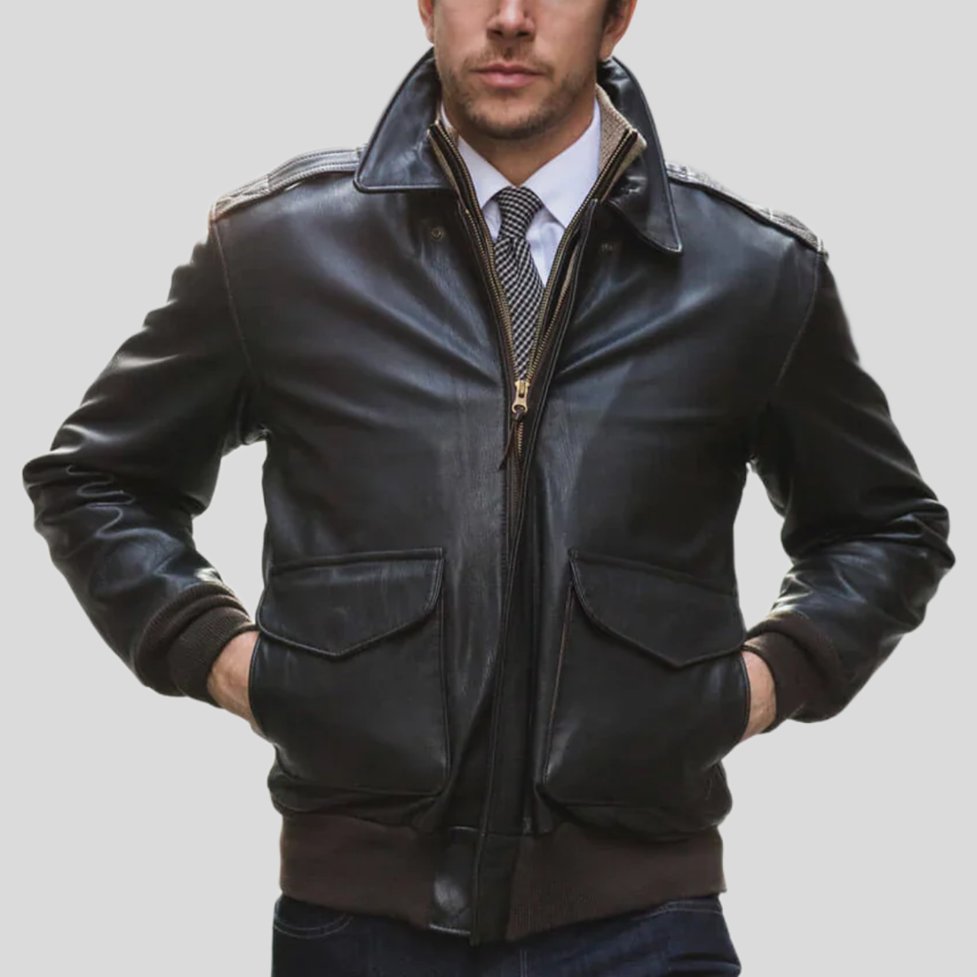 Men's Long Cowhide Leather Flight Jacket - Black