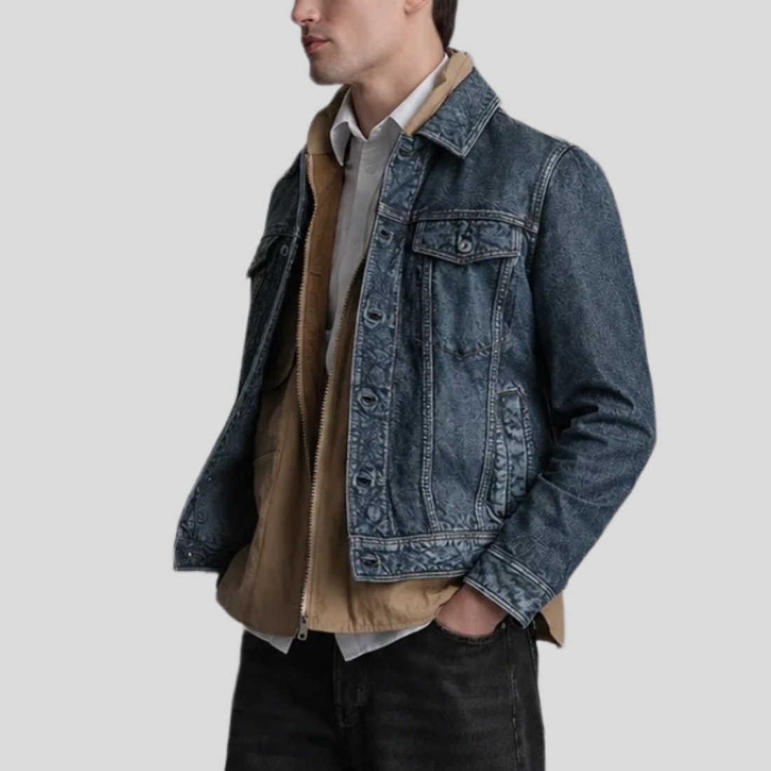 Men's Chase Leather Denim Trucker Jacket - Denim