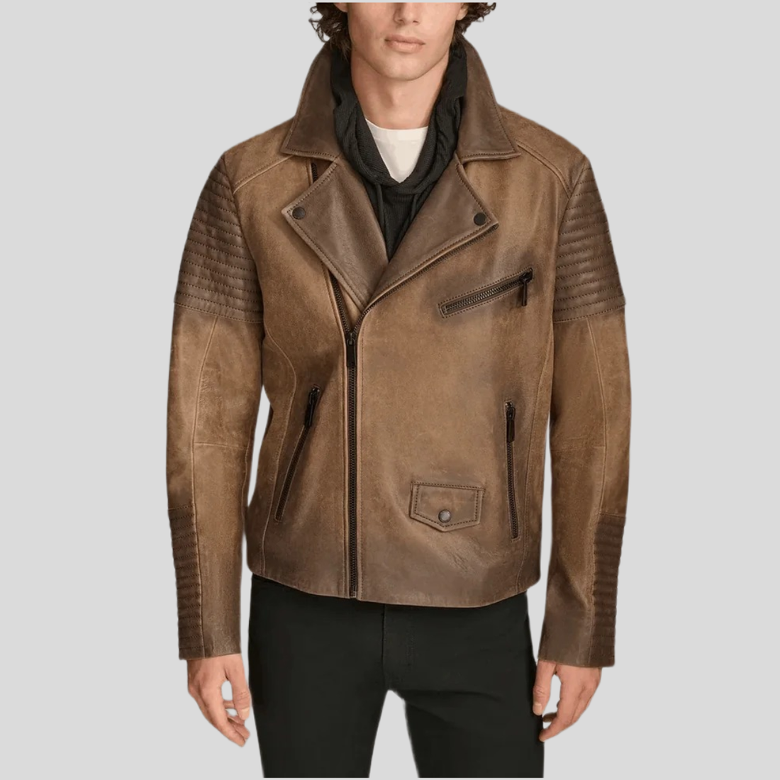 Men's Classic Leather Biker Moto Jacket - Brown