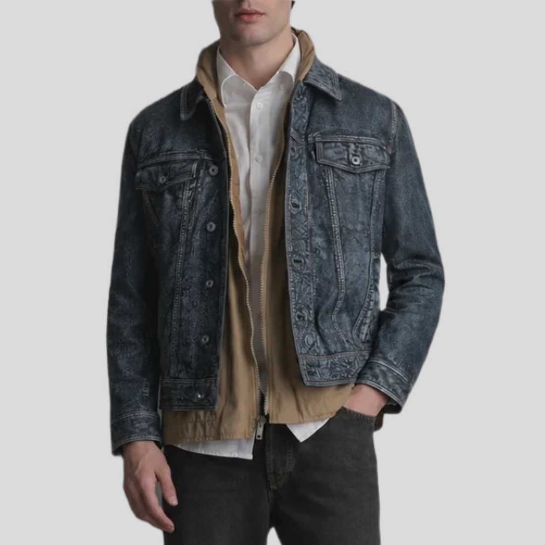 Men's Chase Leather Denim Trucker Jacket - Denim