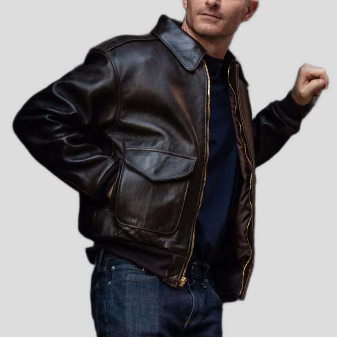 Men's Distressed Sheepskin Leather Flight Bomber Jacket - Brown