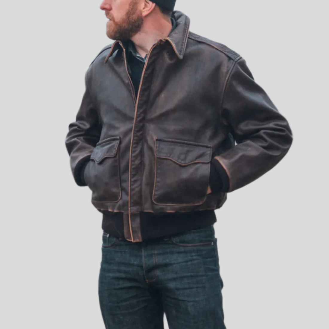 Men's Distressed Sheepskin Leather Flight Jacket - Brown
