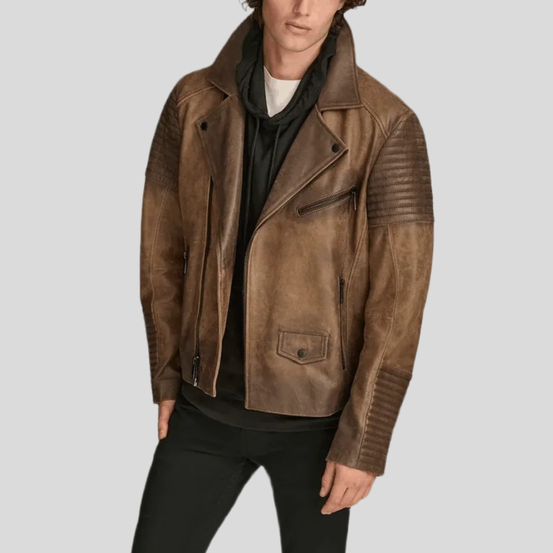 Men's Classic Leather Biker Moto Jacket - Brown