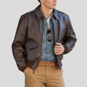 Men's Classic Cowhide Leather Flight Jacket - Brown