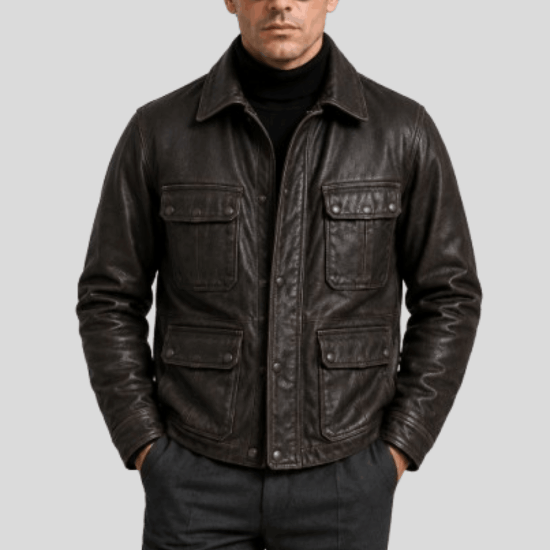 Men's Vintage Stonewashed Leather Motorcycle Jacket - Brown