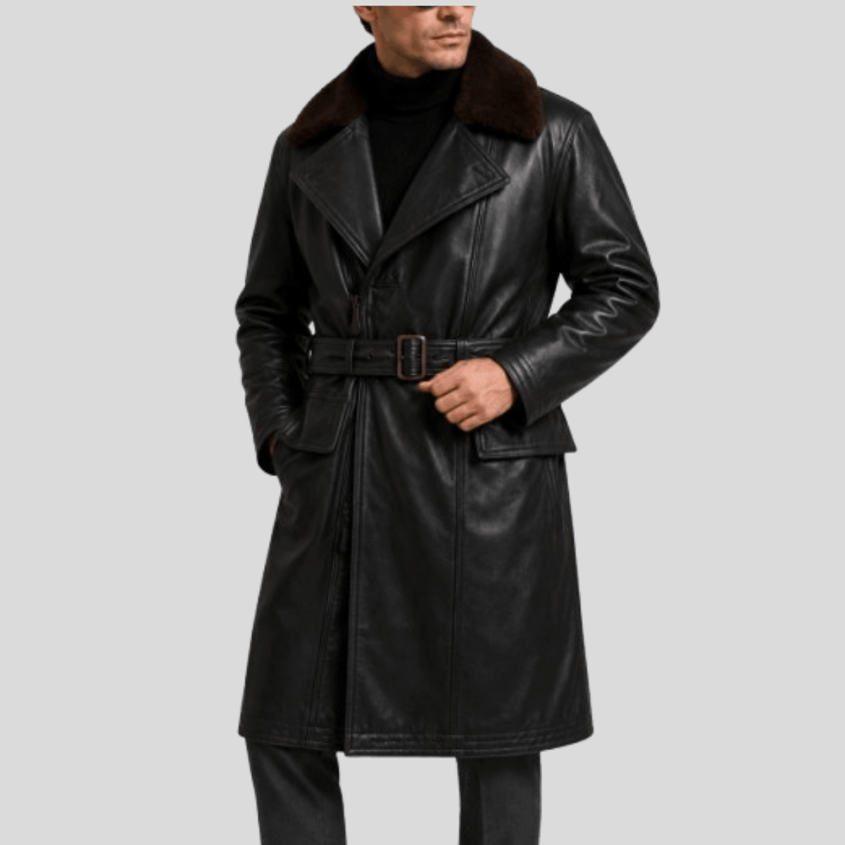 Men's Sheepskin Leather Military Coat with Shearling Fur Collar