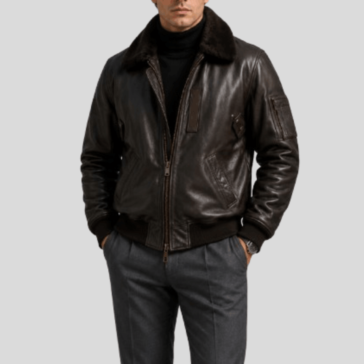 Men's Vintage Leather Flight Bomber Jacket with Removable Fur Collar