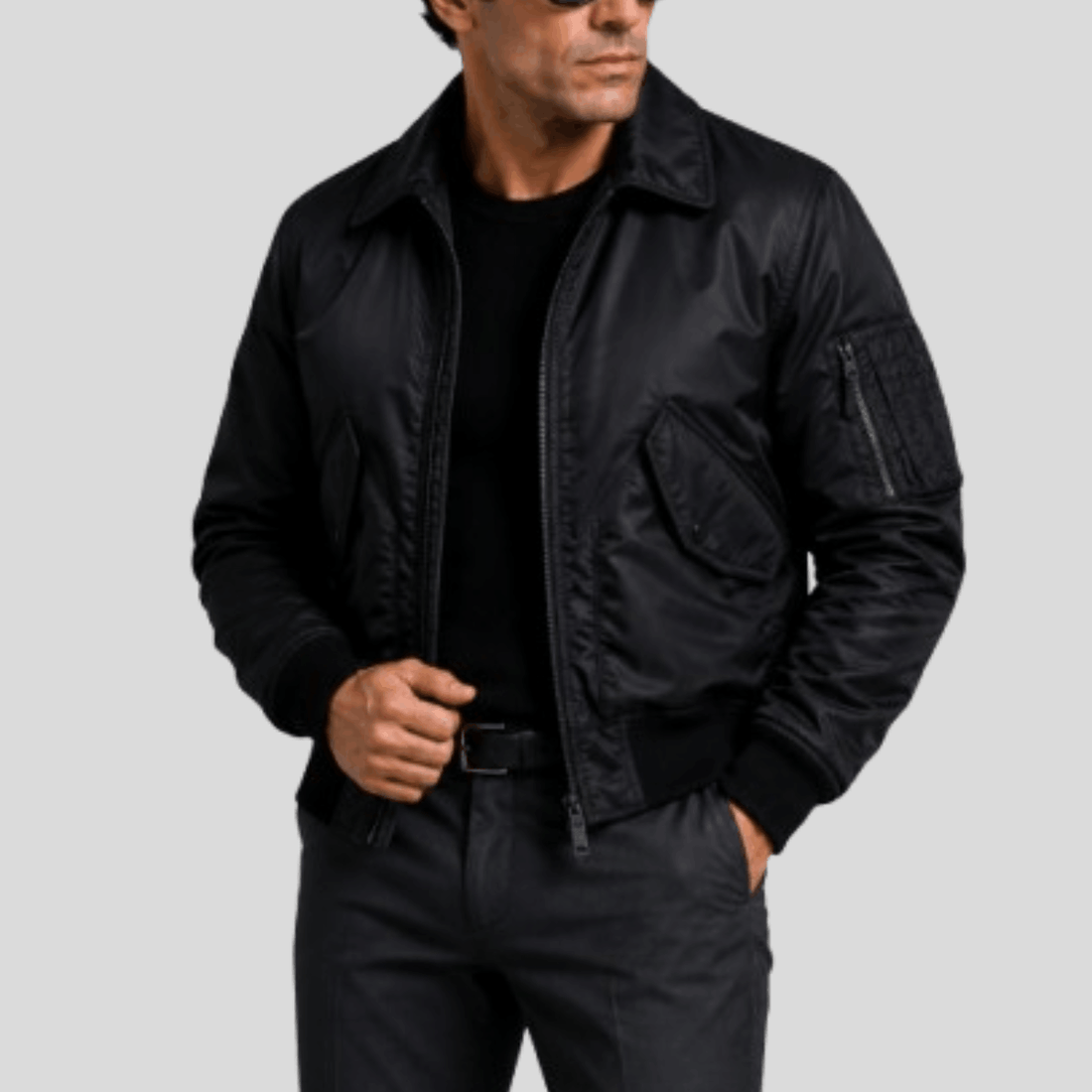 Men's Black Stealth Nylon Flight Bomber Jacket - Black