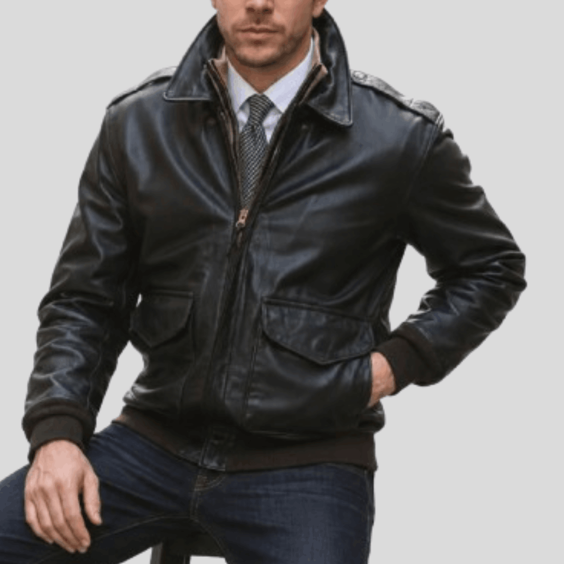 Men's Long Cowhide Leather Flight Jacket - Black