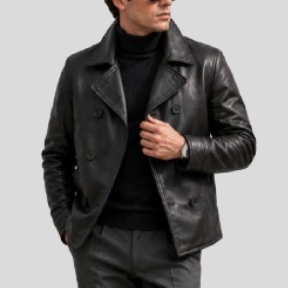 Men's Naval Short Sheepskin Leather Peacoat