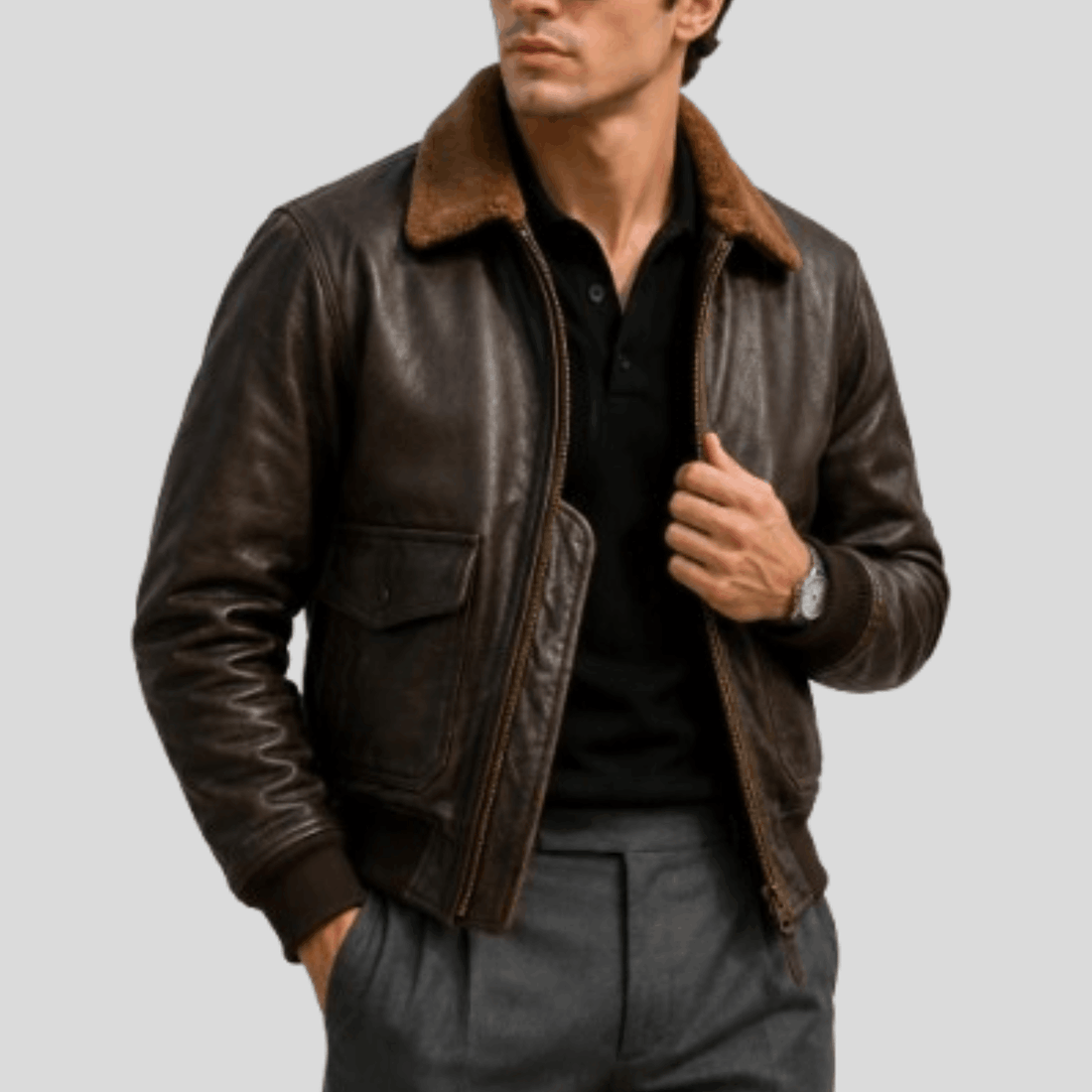 Men's Vintage Sheepskin Leather Flight Bomber Jacket - Brown