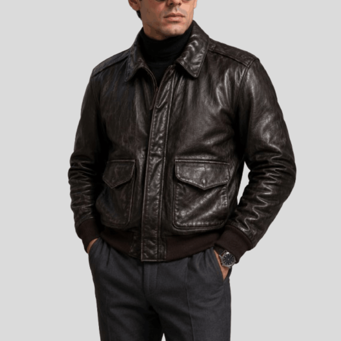 Men's Heritage Sheepskin Leather Flight Bomber Jacket - Brown