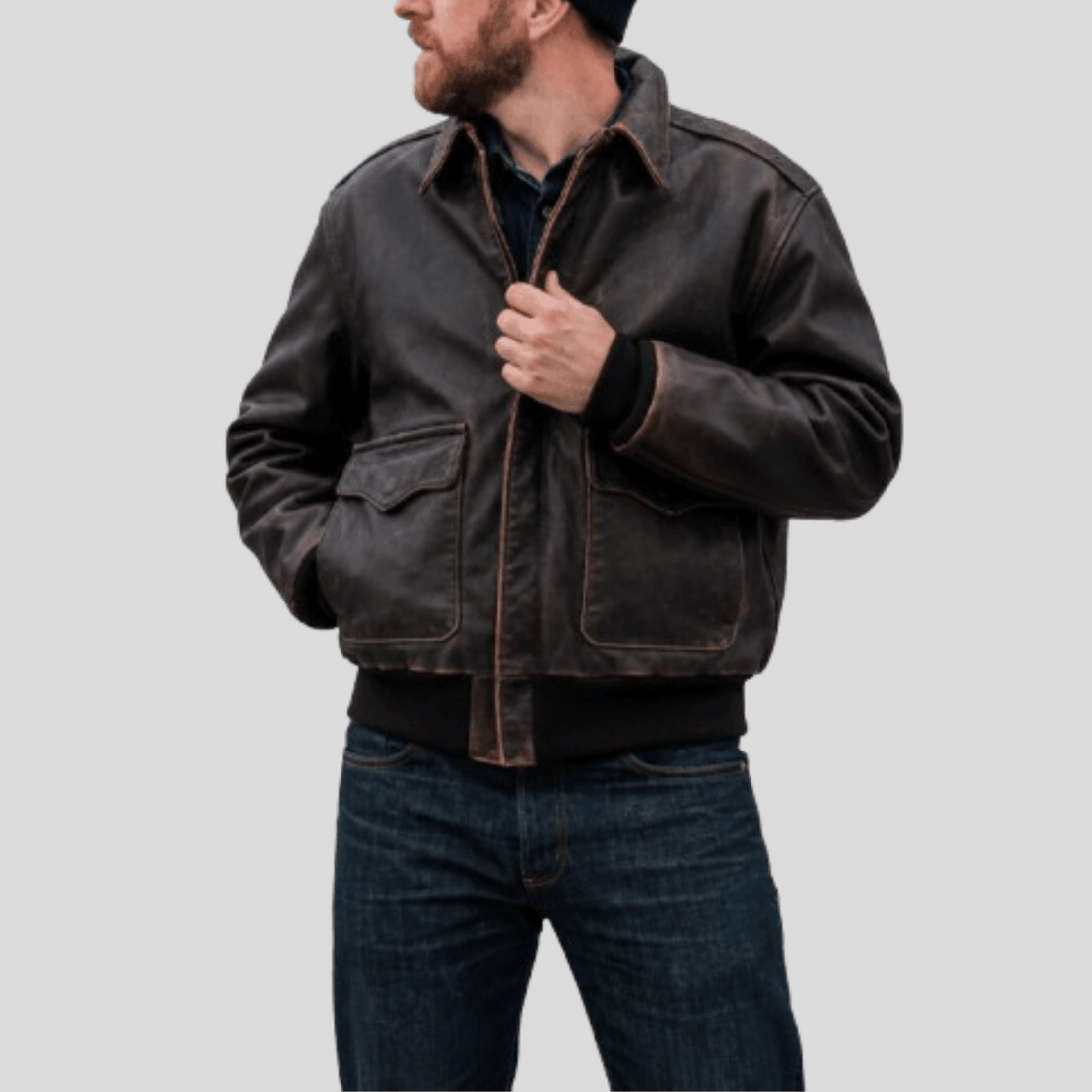 Men's Distressed Sheepskin Leather Flight Jacket - Brown