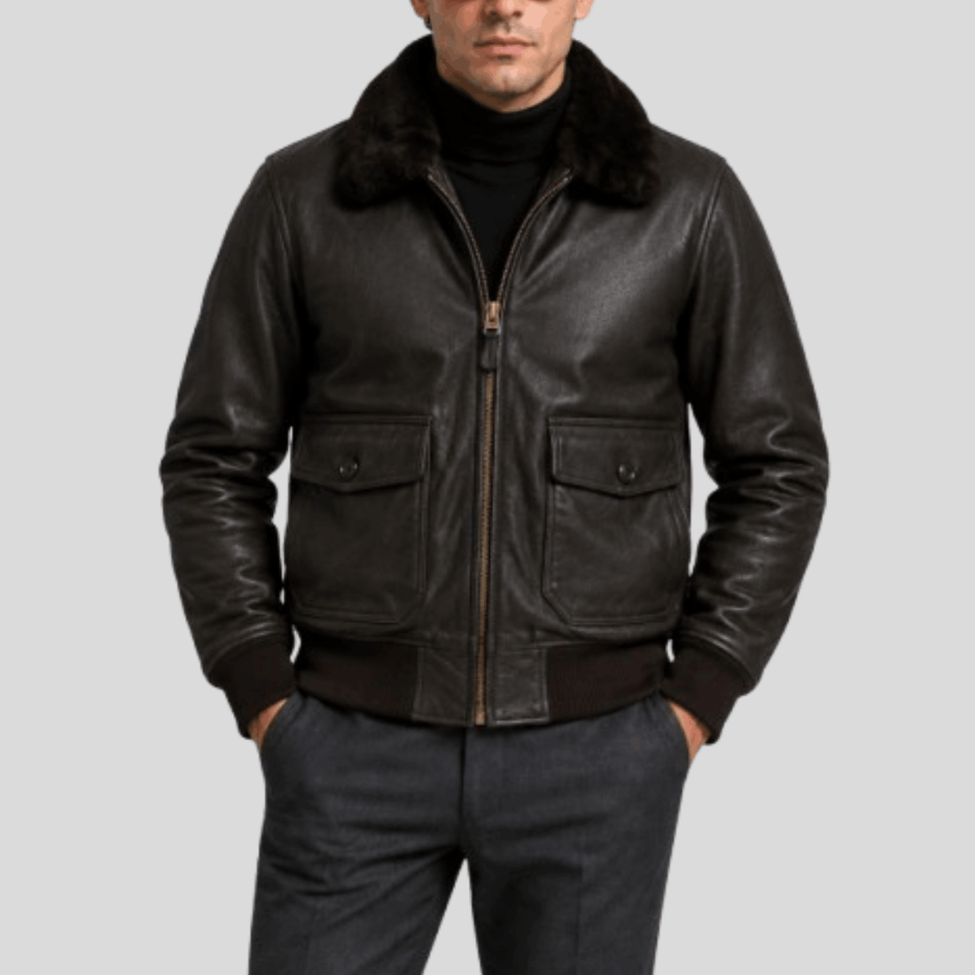 Men's Classic Sheepskin Leather Flight Bomber Jacket with Fur Collar - Brown