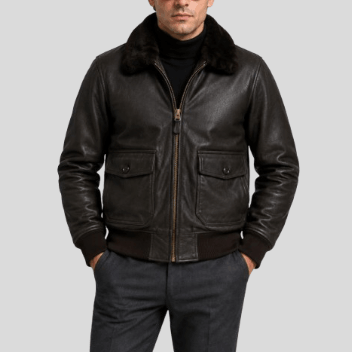Men's Classic Sheepskin Leather Flight Bomber Jacket with Fur Collar