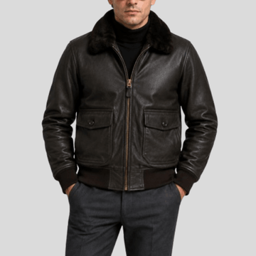 Men's Classic Sheepskin Leather Flight Bomber Jacket with Fur Collar