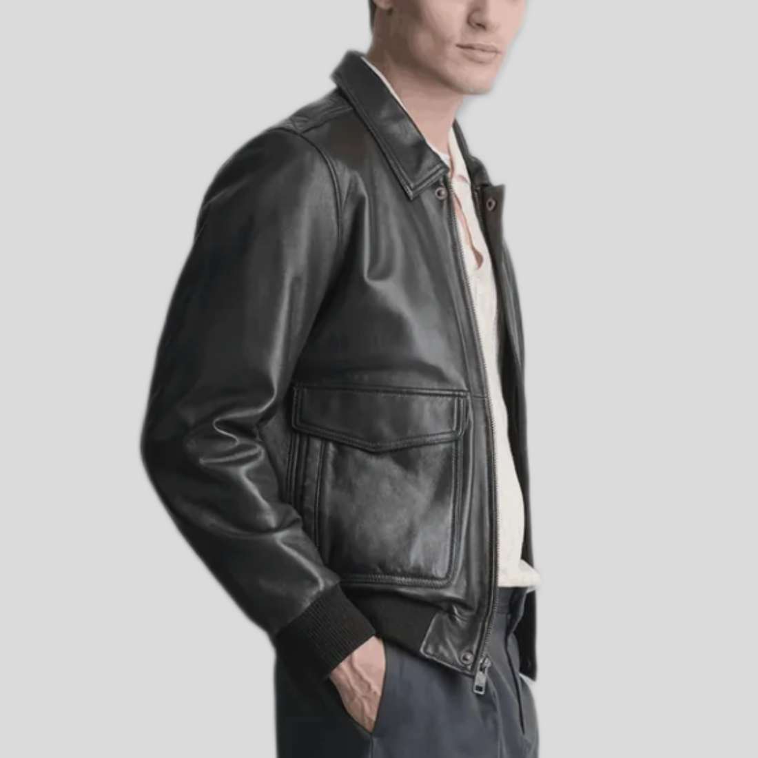 Men's Chris Leather Bomber Jacket - Black