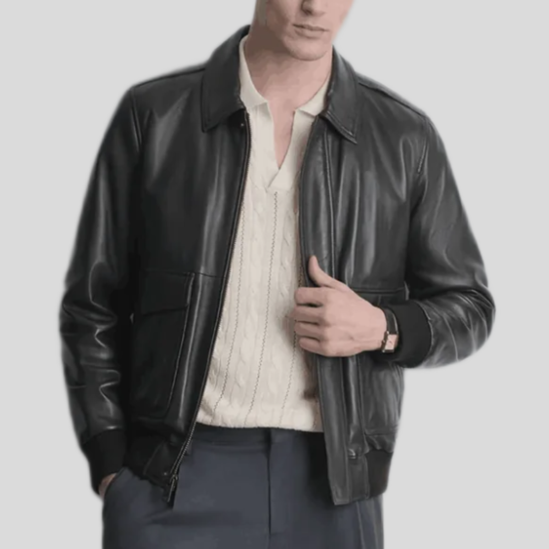 Men's Chris Leather Bomber Jacket - Black