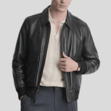 Men's Chris Leather Bomber Jacket - Black
