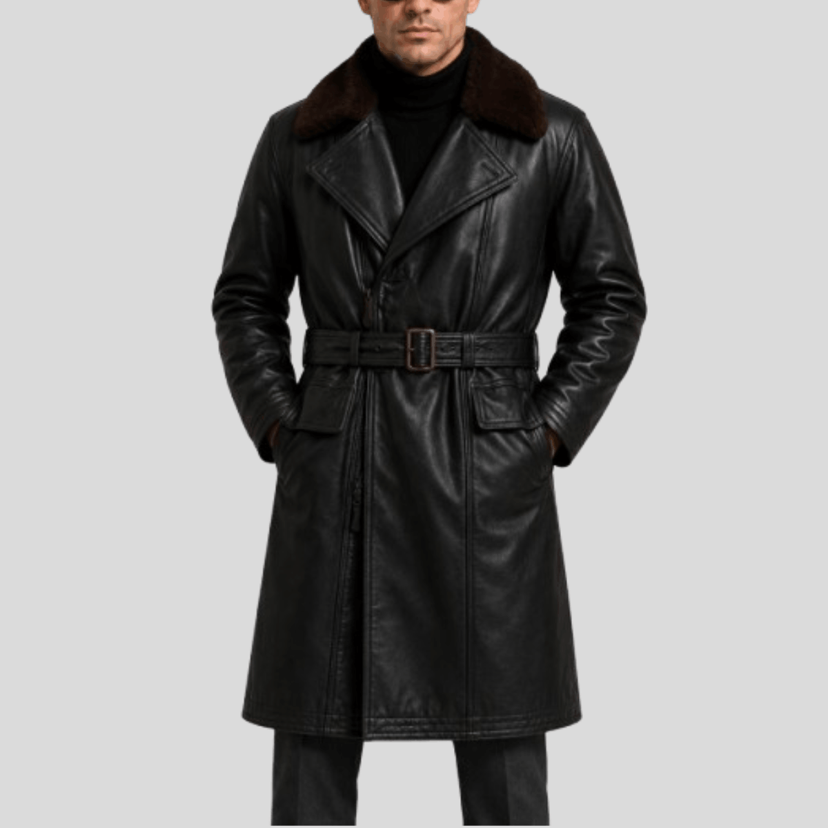 Men's Sheepskin Leather Military Coat with Shearling Fur Collar