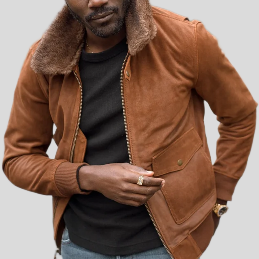Men's Waxed Flesh Leather Bomber Jacket - Brown