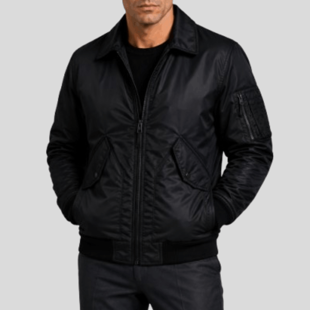 Men's Black Stealth Nylon Flight Bomber Jacket