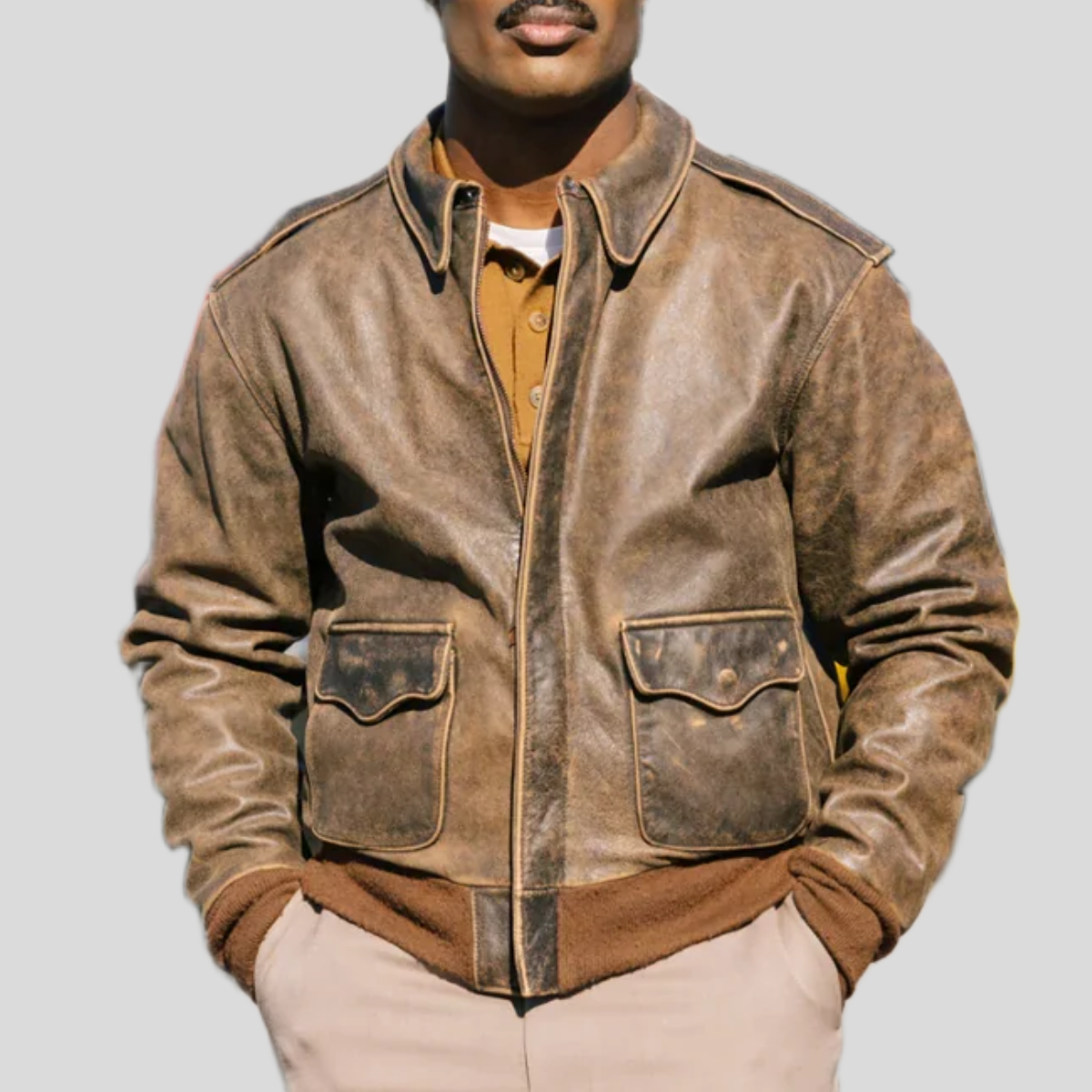 Men's Distressed Cowhide Leather Flight Jacket - Brown