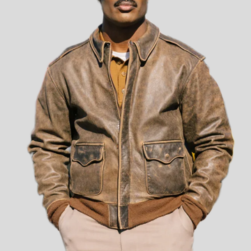 Men's Distressed Cowhide Leather Flight Jacket - Brown