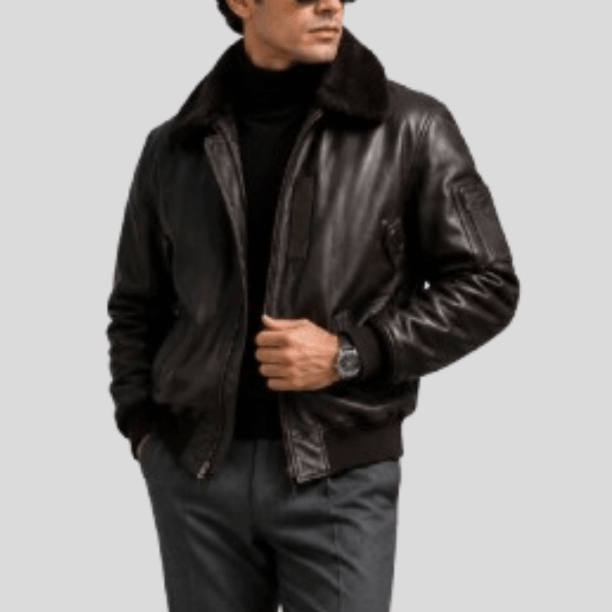Men's Vintage Leather Flight Bomber Jacket with Removable Fur Collar
