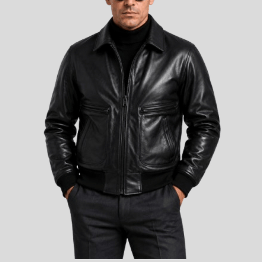 Men's Vintage Sheepskin Leather Flight Bomber Jacket - Black