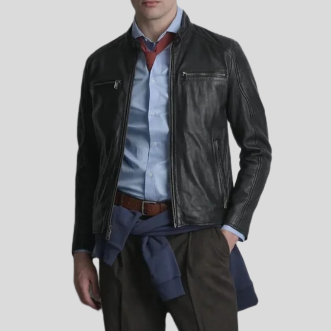 Men's Lance Collarless Leather Moto Jacket