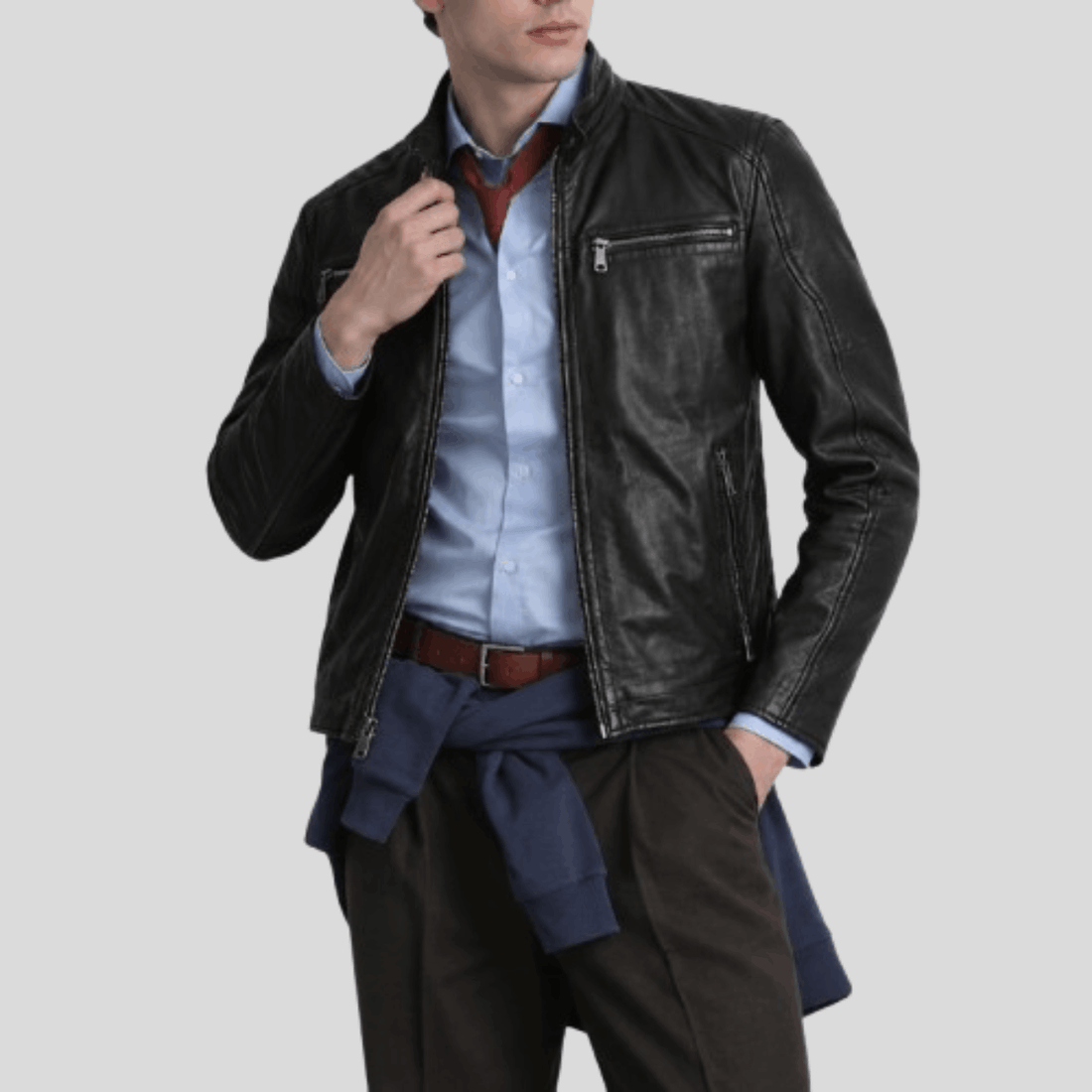 Men's Lance Collarless Leather Moto Jacket