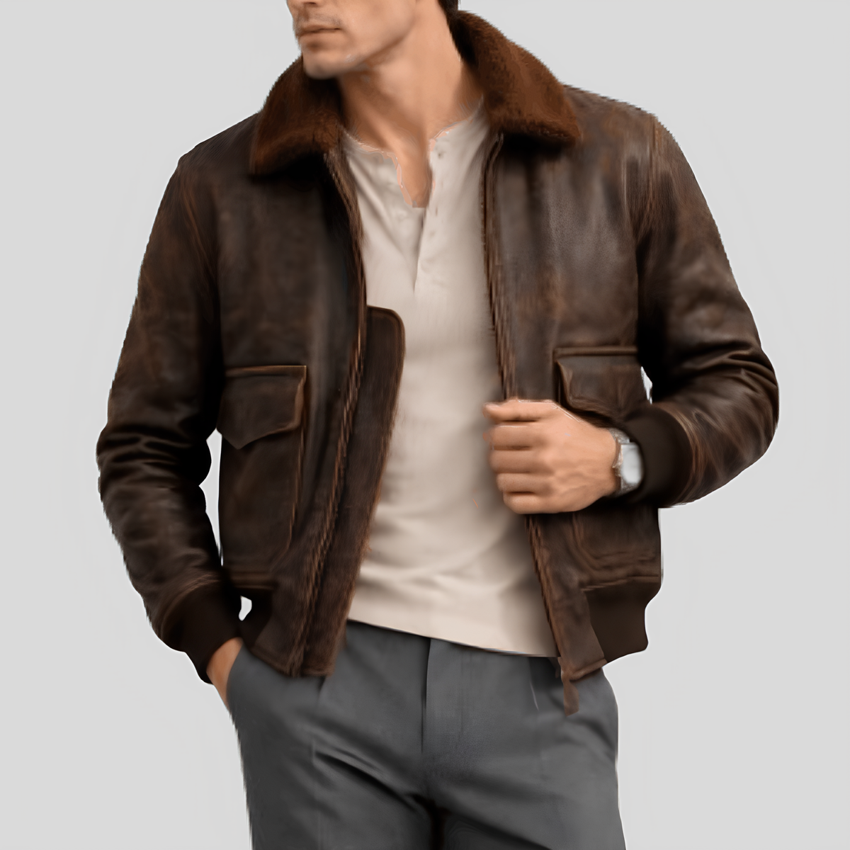 Men's Avenger Distressed Sheepskin Leather Flight Bomber Jacket