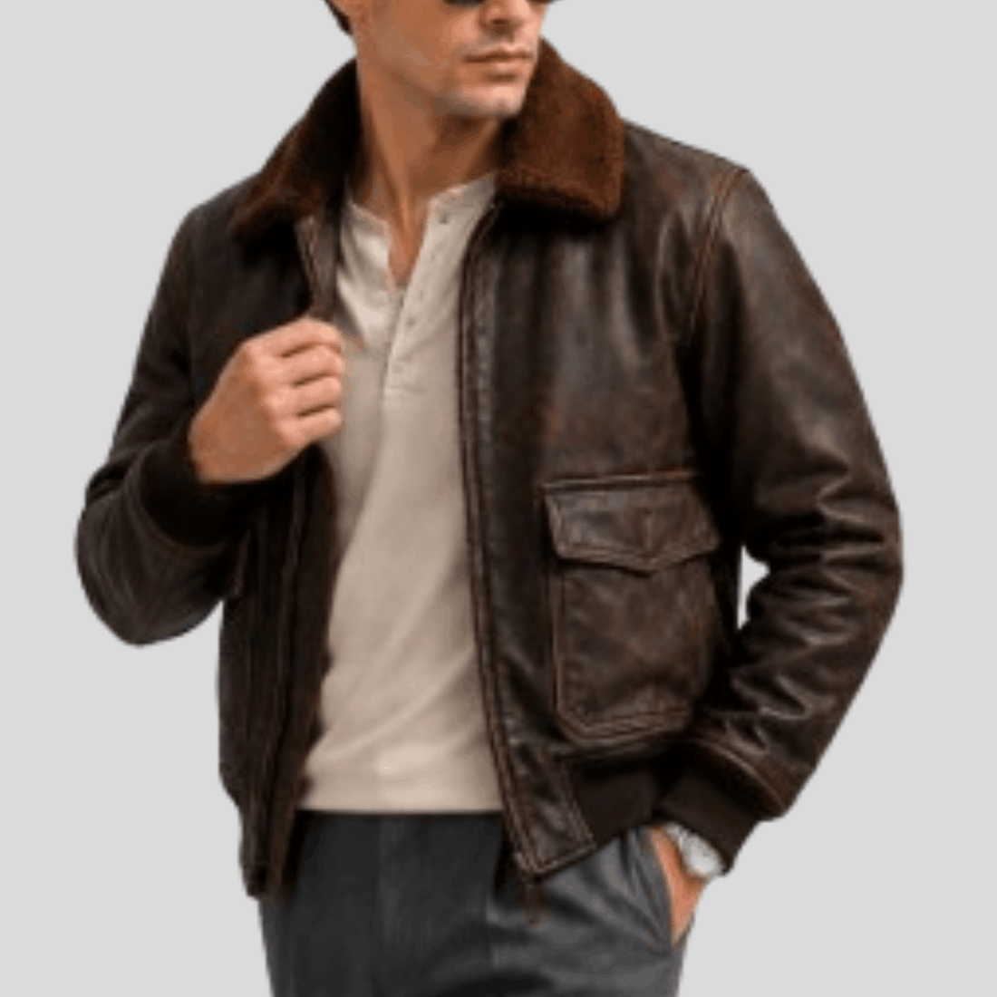 Men's Avenger Distressed Sheepskin Leather Flight Bomber Jacket - Brown