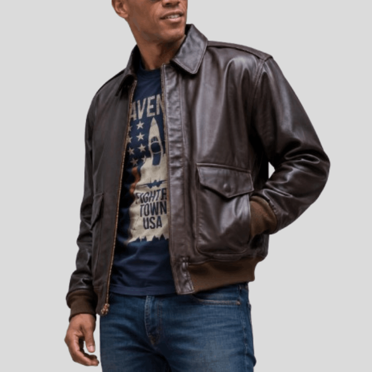 Men's Vintage Long Cowhide Leather Flight Jacket - Brown