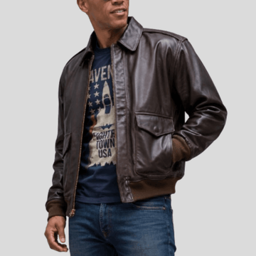 Men's Vintage Long Cowhide Leather Flight Jacket - Brown