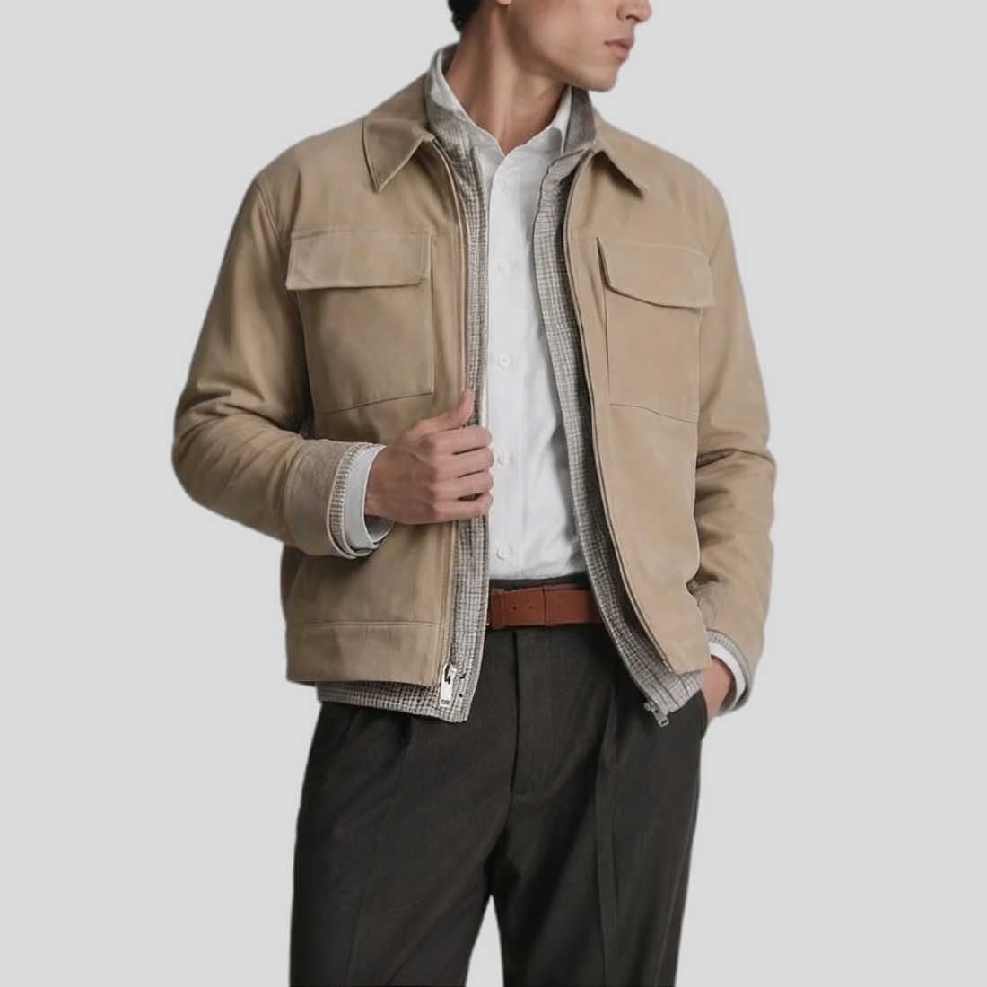 Men's Wren Lightweight Leather Snap Front Shirt Jacket - Beige