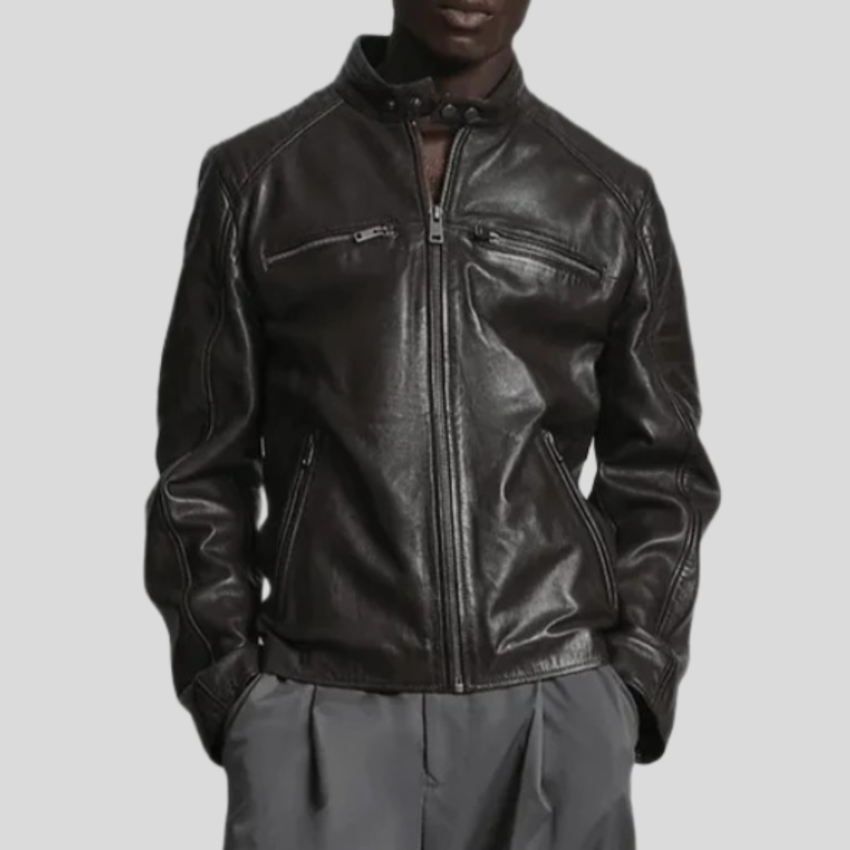 Men's Lance Collarless Leather Moto Jacket