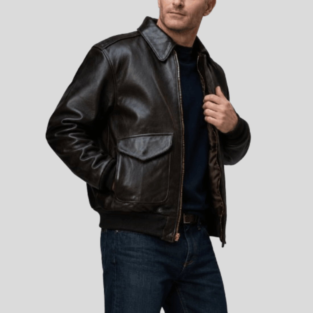 Men's Distressed Sheepskin Leather Flight Bomber Jacket - Brown