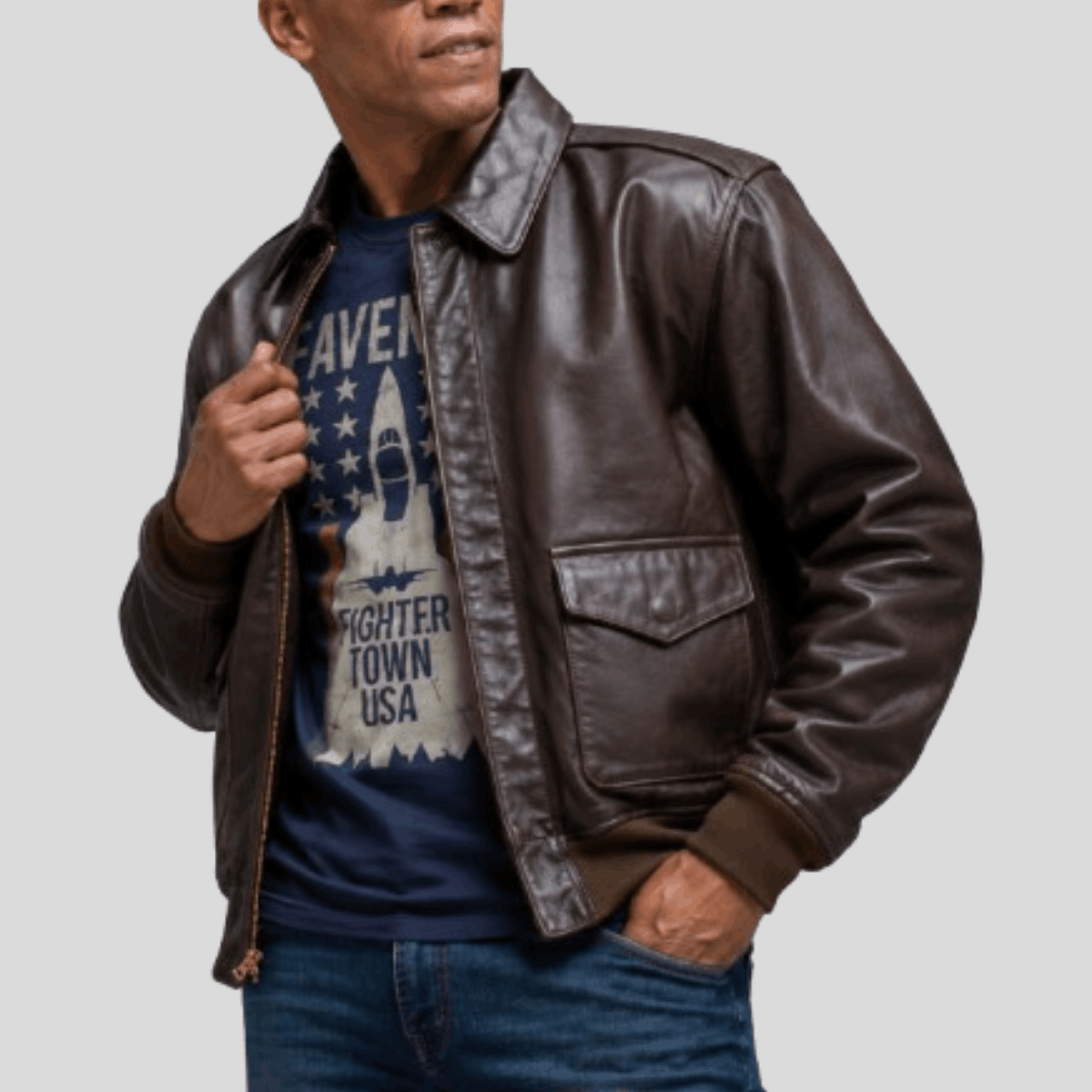 Men's Vintage Long Cowhide Leather Flight Jacket