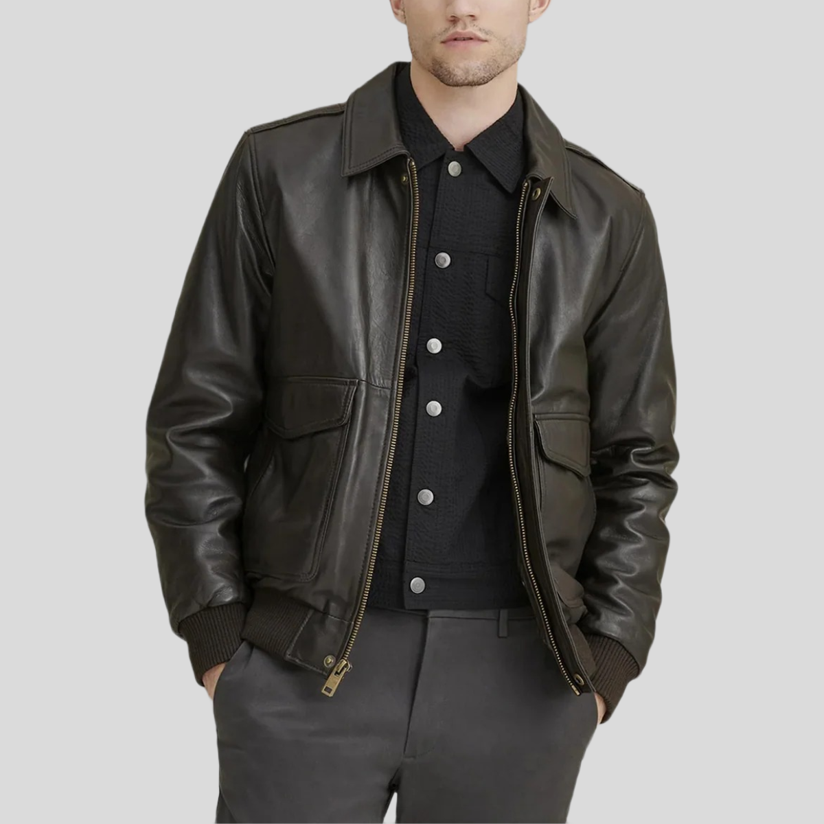 Men's Classic Sheepskin Leather Bomber Jacket - Deep Brown