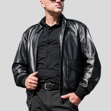 Men's Lightweight Sheepskin Leather Flight Jacket - Black